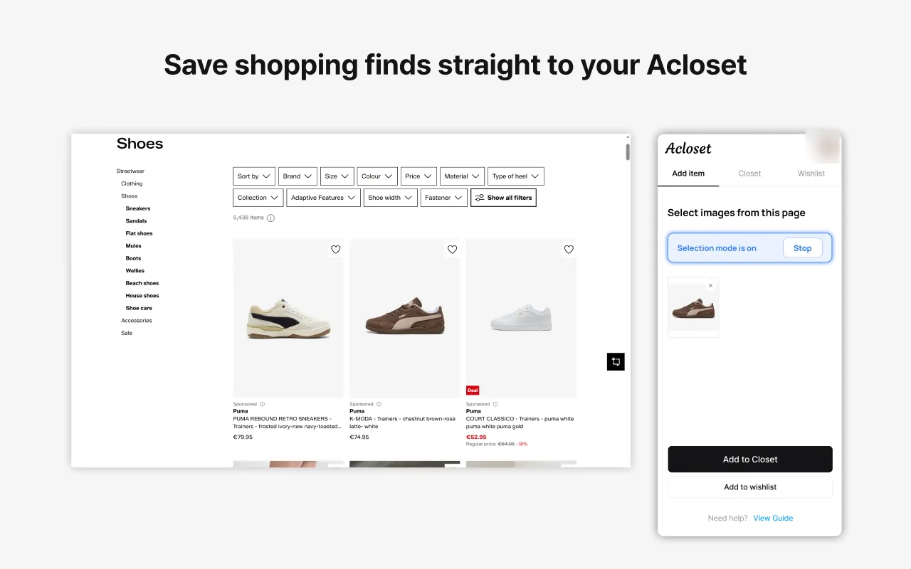 Acloset side panel next to a shop page, saving a dress to the closet