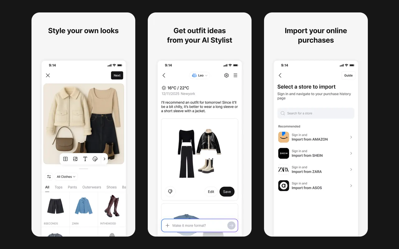 Trzy ekrany Acloset: stylizacja tworzona samodzielnie, pomysły na stylizacje od stylisty AI z pogodą oraz import ze sklepów internetowych