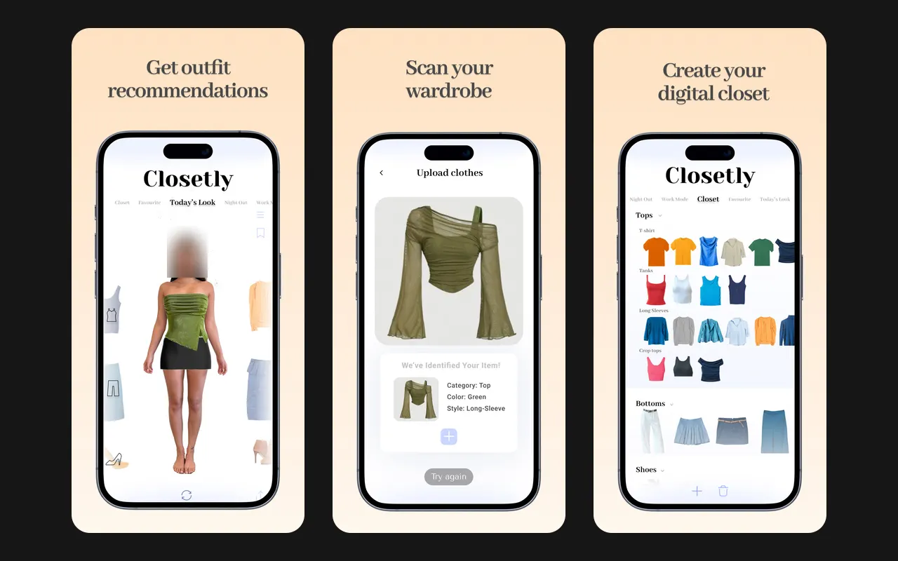 Three Closetly screens: Today's Look with an outfit on an avatar, an uploaded top with its category and colour found, and the closet sorted into tops and bottoms