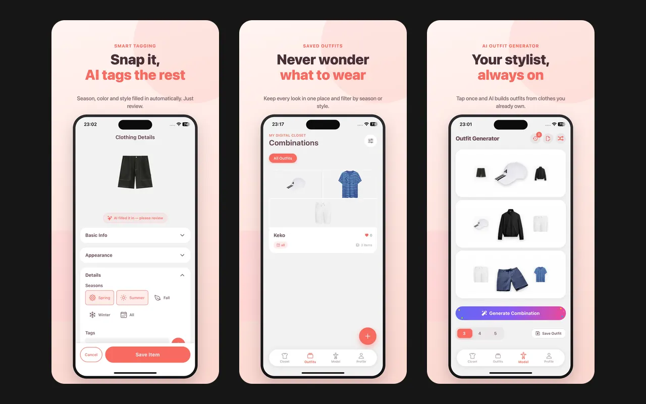 Three Digital Closet screens: clothing details filled in by AI with seasons, a saved outfit combination, and the Outfit Generator with three outfits