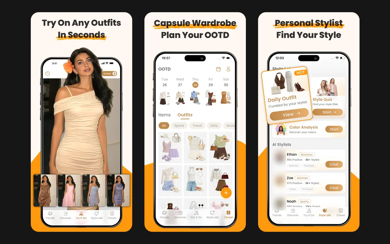 Three DLOOK screens: a dress tried on a model photo with four colour options, the OOTD calendar above outfit collages, and Style Lab with a daily outfit, a style quiz, colour analysis and AI stylists