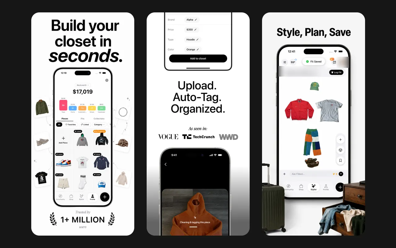 Three Fitted screens: a closet grid with its Neckworth value, auto-tagging of a new piece, and an outfit with the temperature and the Ask Fitted bar