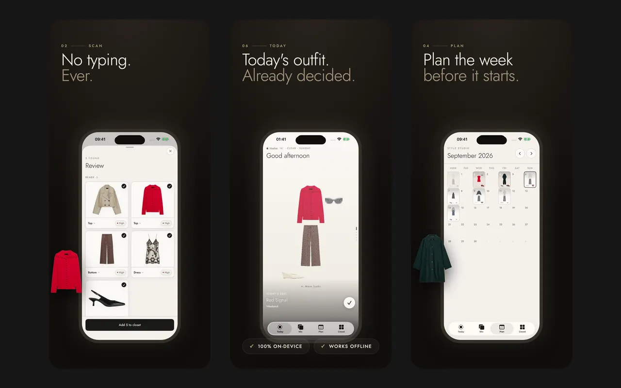 Three Fold screens: a review of five scanned pieces with the category found for each, today's outfit with the weather, and a month calendar with planned outfits