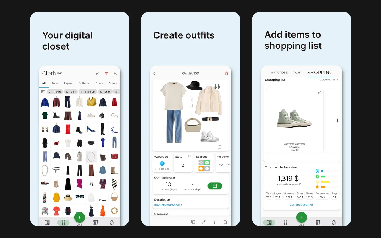 Three GetWardrobe screens: a closet grid, an outfit collage with its weather and calendar details, and a shopping list with the total value of the closet