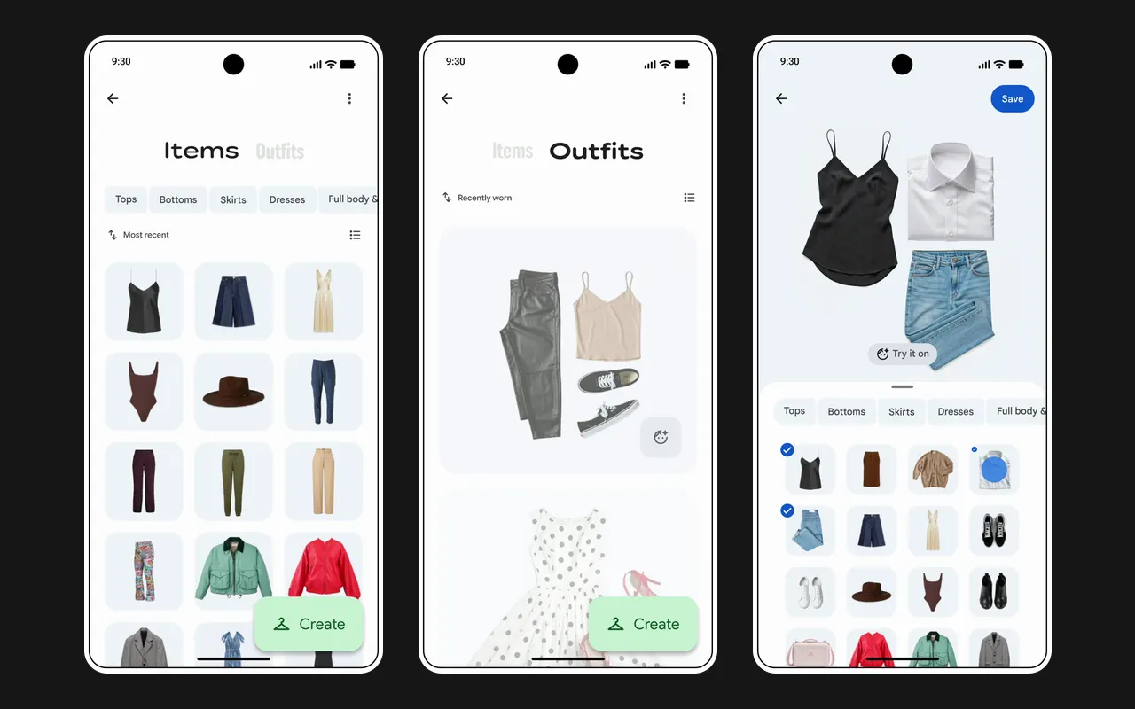 Trzy ekrany Wardrobe w Google Photos: ubrania znalezione na zdjęciach, zapisane stylizacje i stylizacja z przyciskiem Try it on