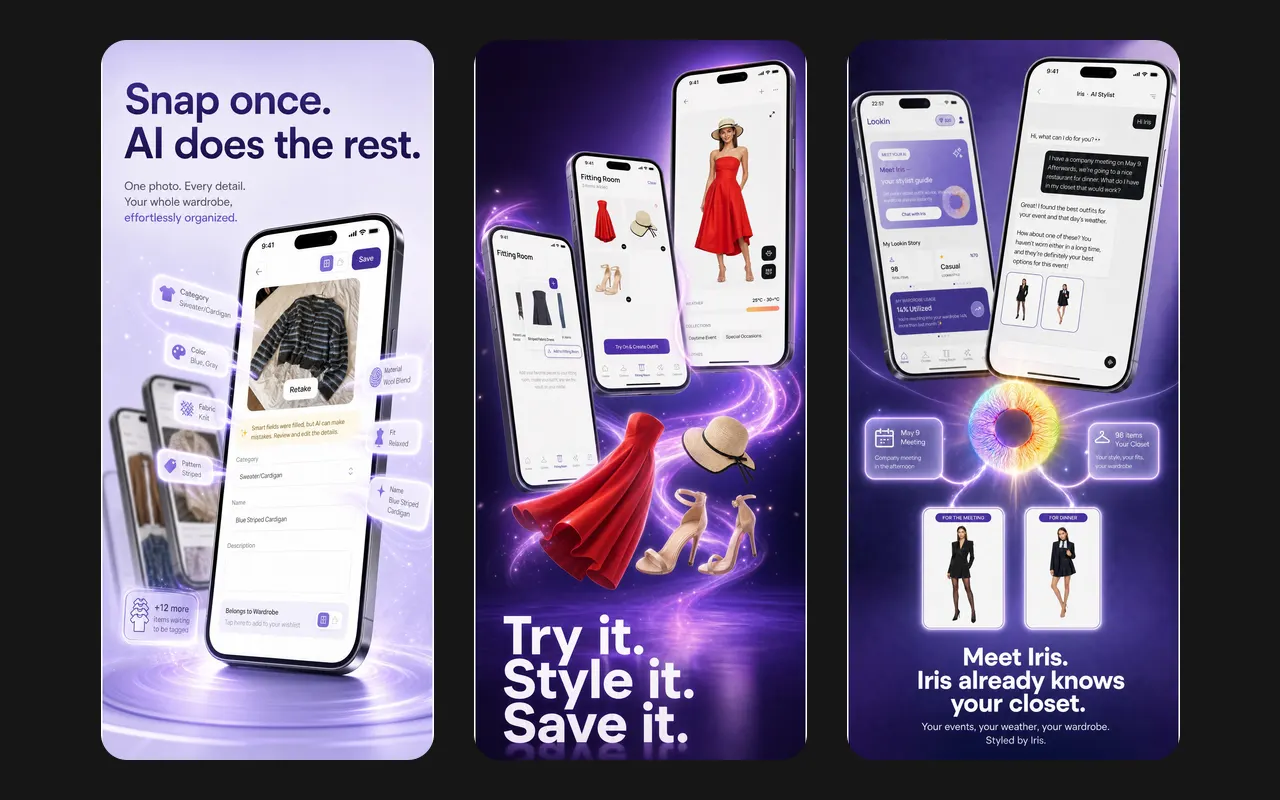 Three Lookin screens: AI-filled details for a photographed cardigan, the Fitting Room with a red dress shown on a model, and Iris suggesting outfits for a meeting and a dinner