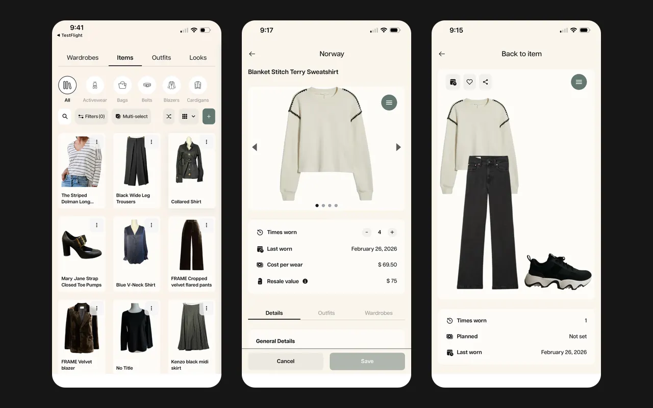 Three OpenWardrobe screens: the items grid with category filters, a sweatshirt with its wear count, cost per wear and resale value, and an outfit with its wear count