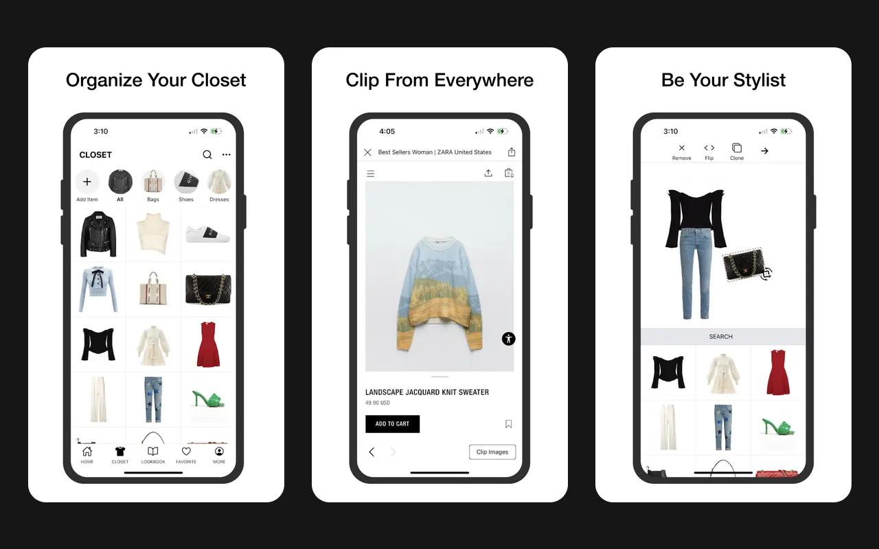 Tre schermate di Smart Closet: la griglia dell’armadio per categoria, un maglione ZARA ritagliato nel browser integrato e una tela per gli outfit