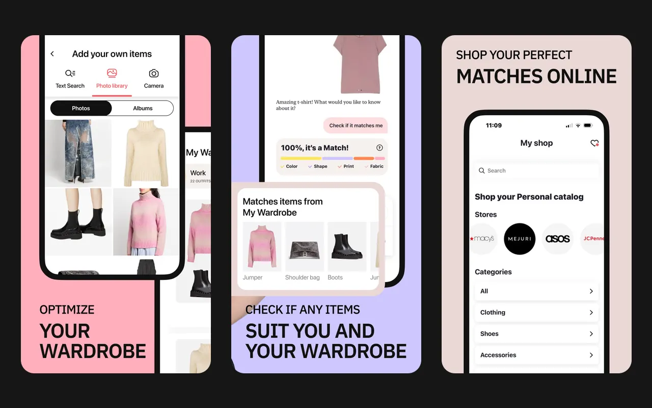 Three Style DNA screens: adding your own clothes by text search, photo library or camera, a T-shirt with a 100% match and pieces from your closet that go with it, and a personal shop