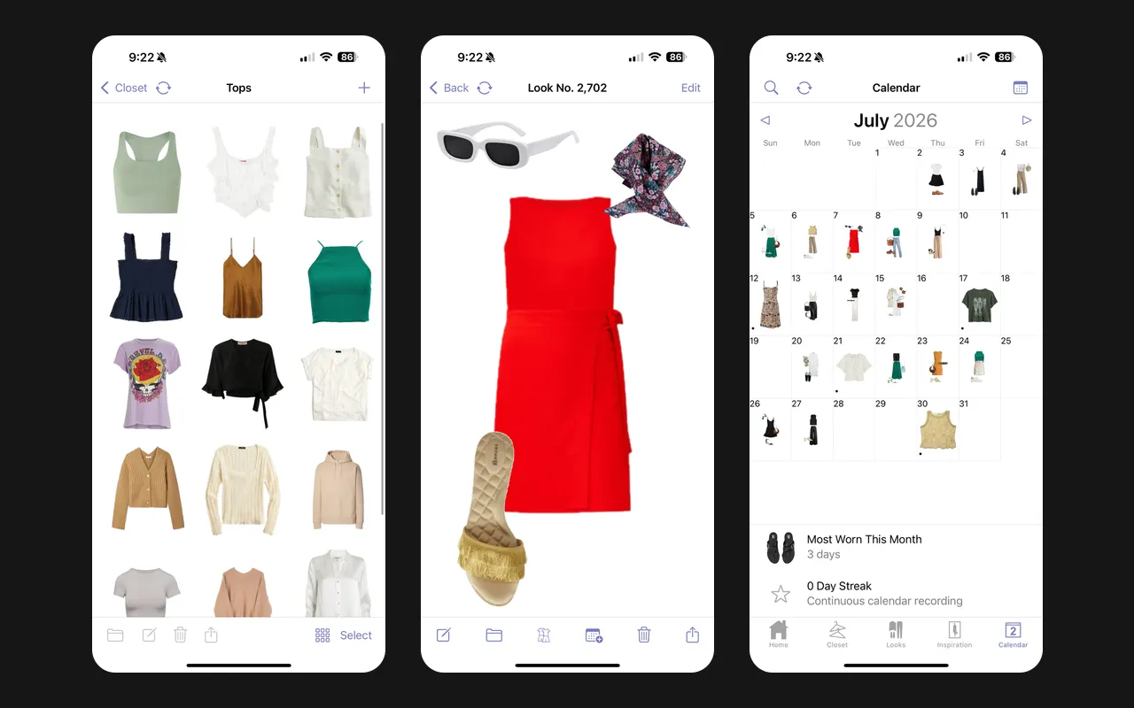 Trzy ekrany Stylebook: siatka bluzek, kolaż stylizacji i miesięczny kalendarz stylizacji