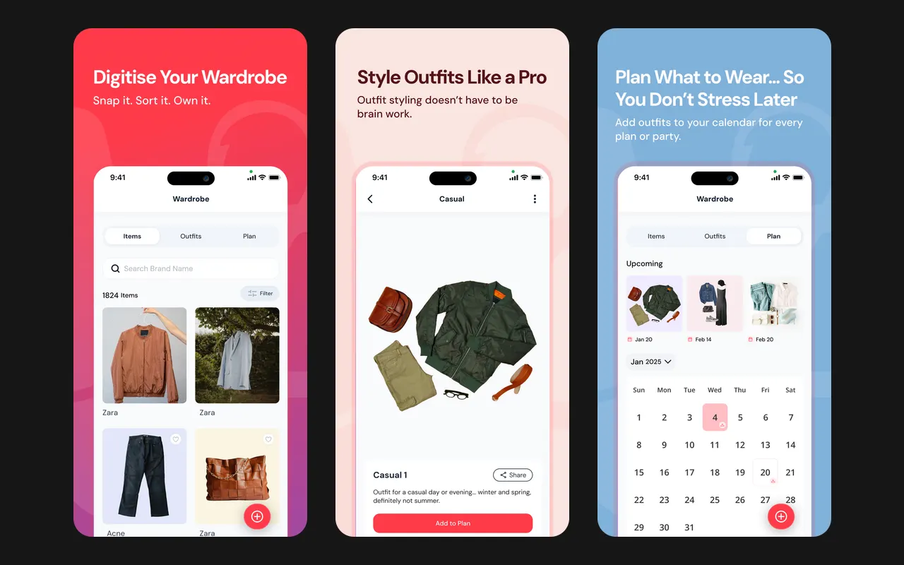 Three Wdrbe screens: the wardrobe grid with a brand search, an outfit with Add to Plan, and the outfit calendar with upcoming outfits
