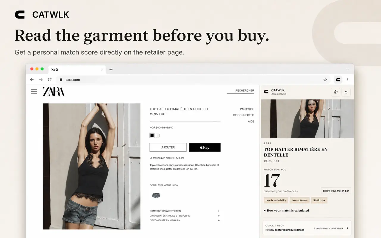 Zara の商品ページの横に表示された CATWLK のパネル。マッチスコアは 17 で、通気性が低い、柔らかさが低い、静電気のおそれのタグ付き