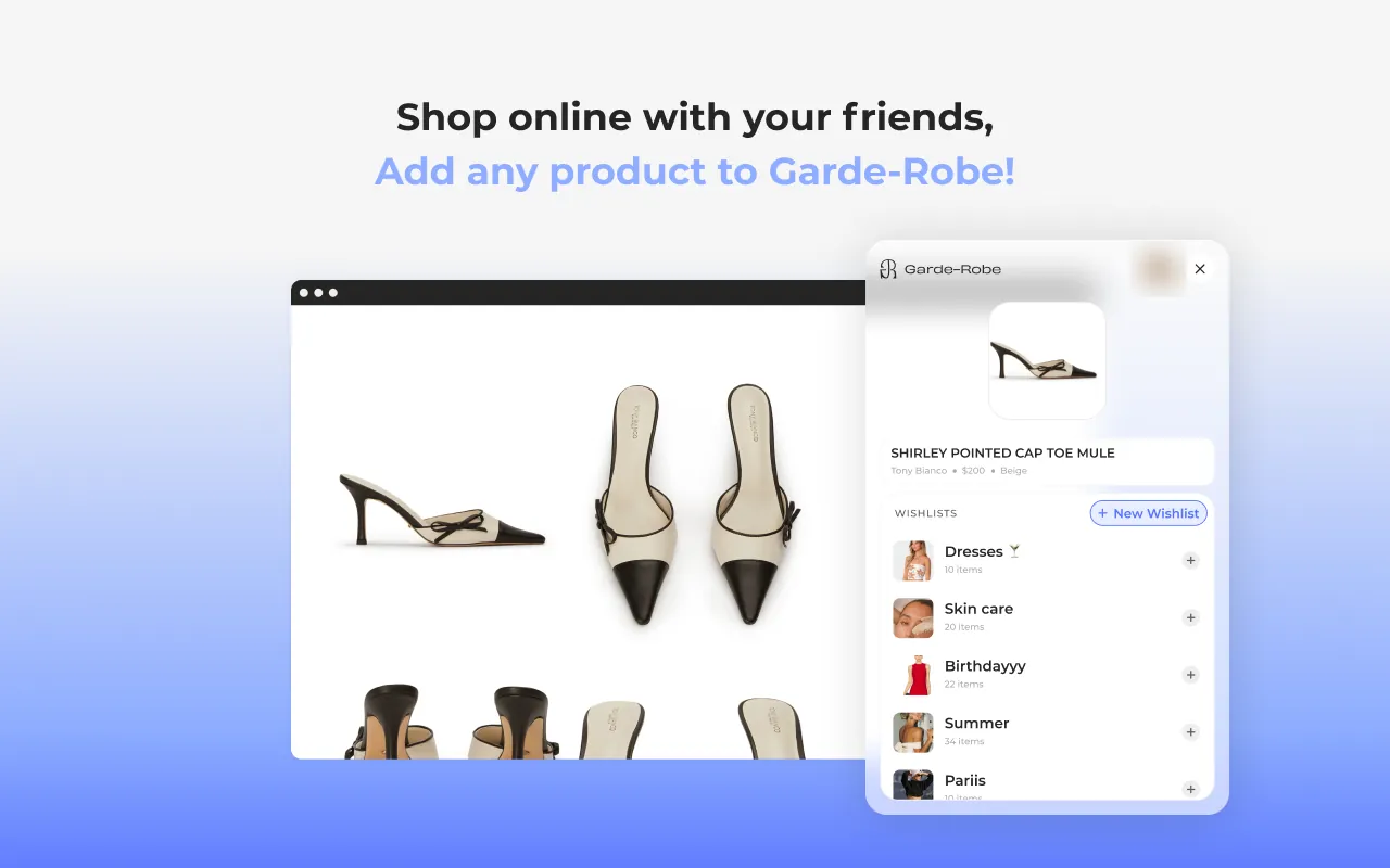 Garde-Robe panel saving a shoe to one of several wishlists