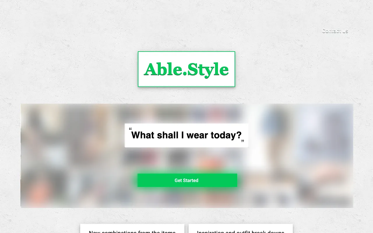 Able.Style's home page with the question "What shall I wear today?"; the street photos behind it are blurred