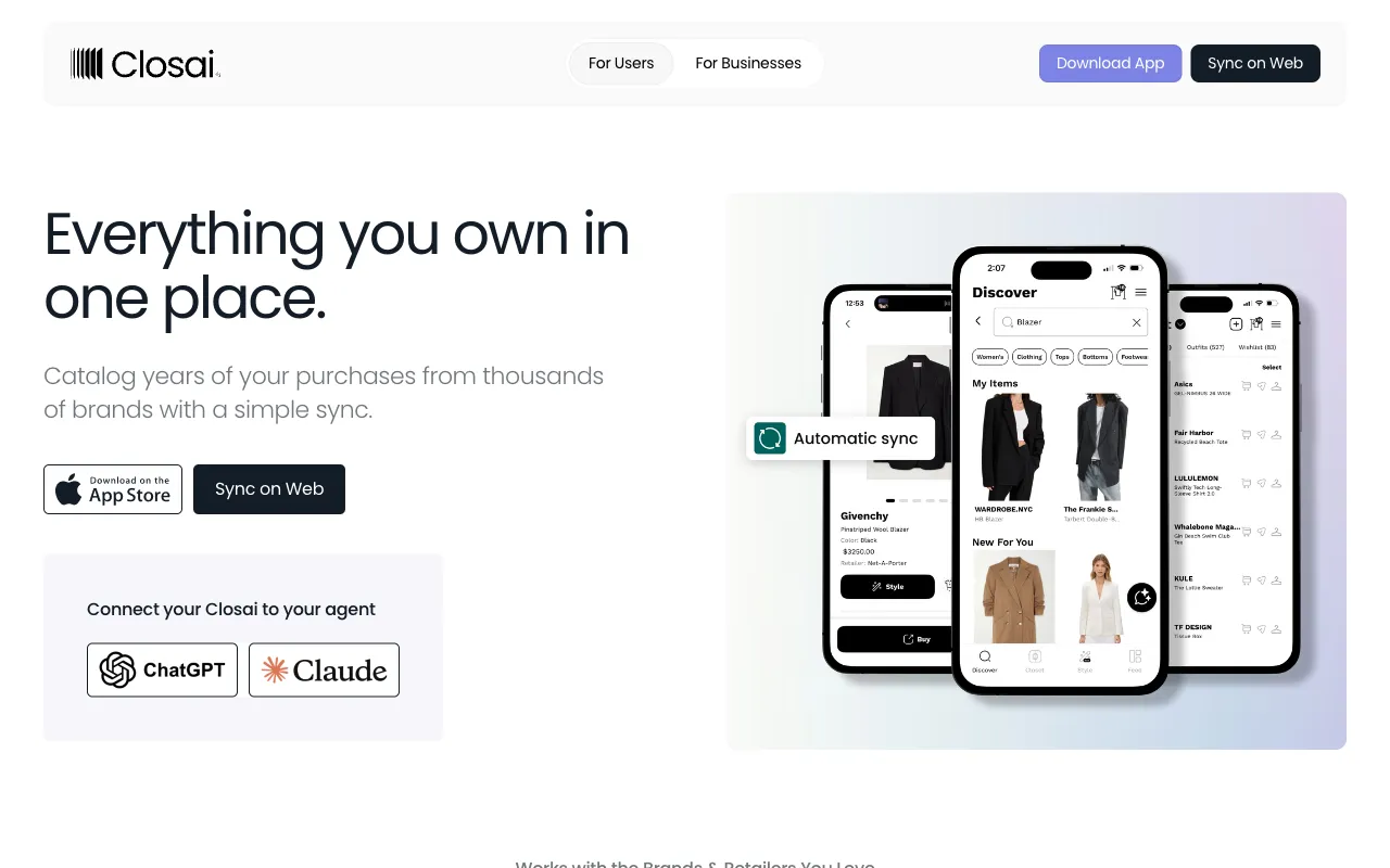 Closai's home page: three phone screens of an inventory built from purchases