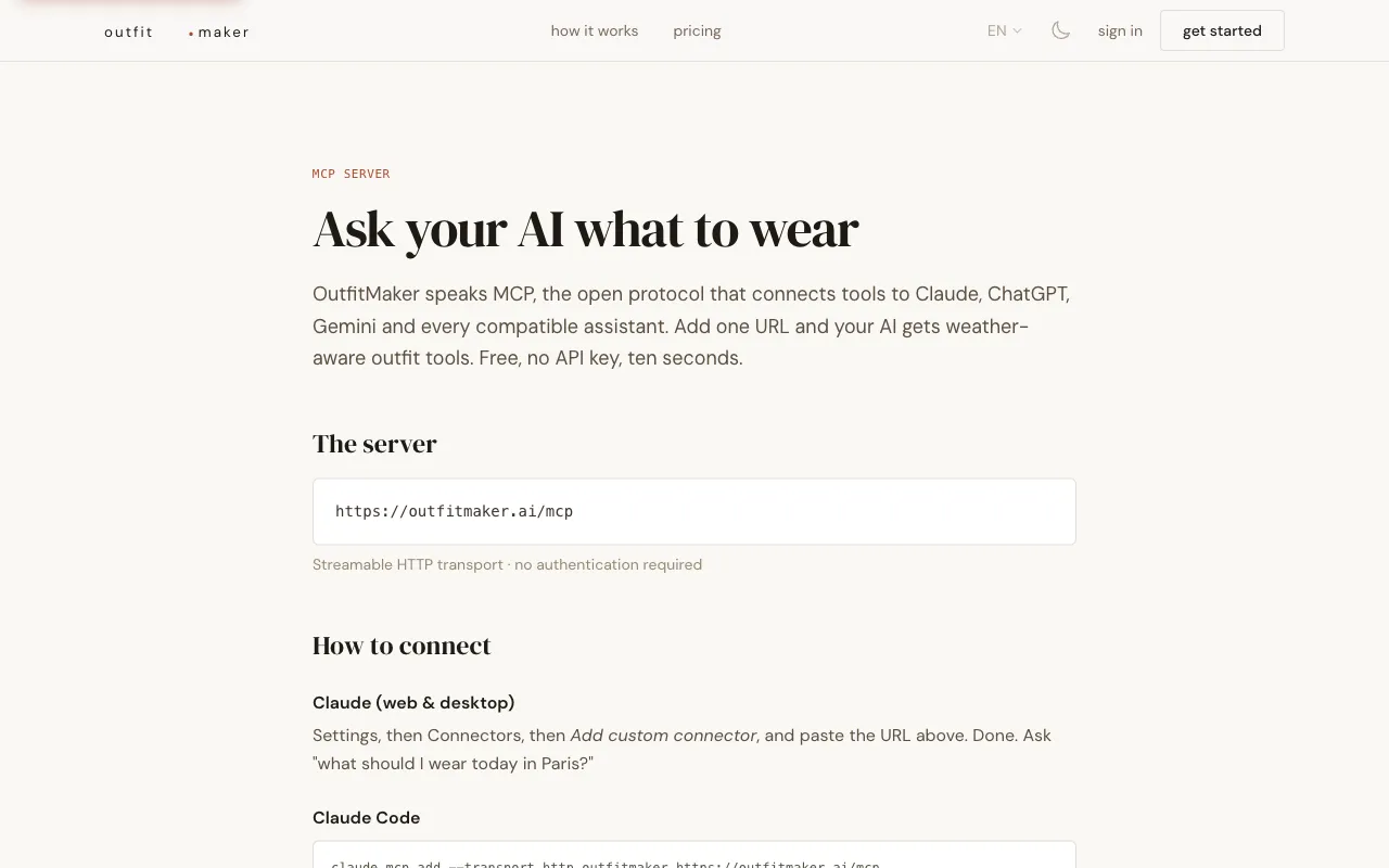 MCP-Seite von OutfitMaker mit seiner Serveradresse und der Anleitung zum Verbinden