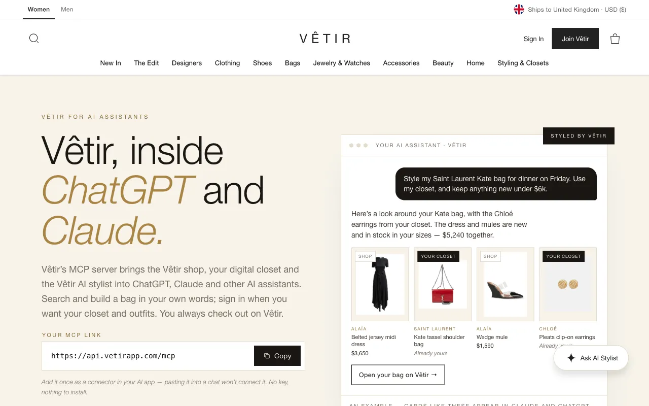 MCP-Seite von Vêtir: ein Look aus dem Shop und deinem eigenen Kleiderschrank in einem KI-Chat