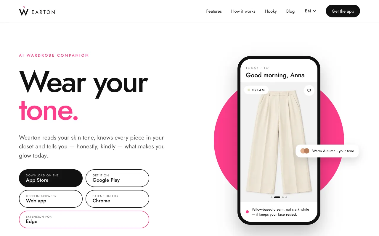 Wearton's home page: a closet piece in the app with its colour season match