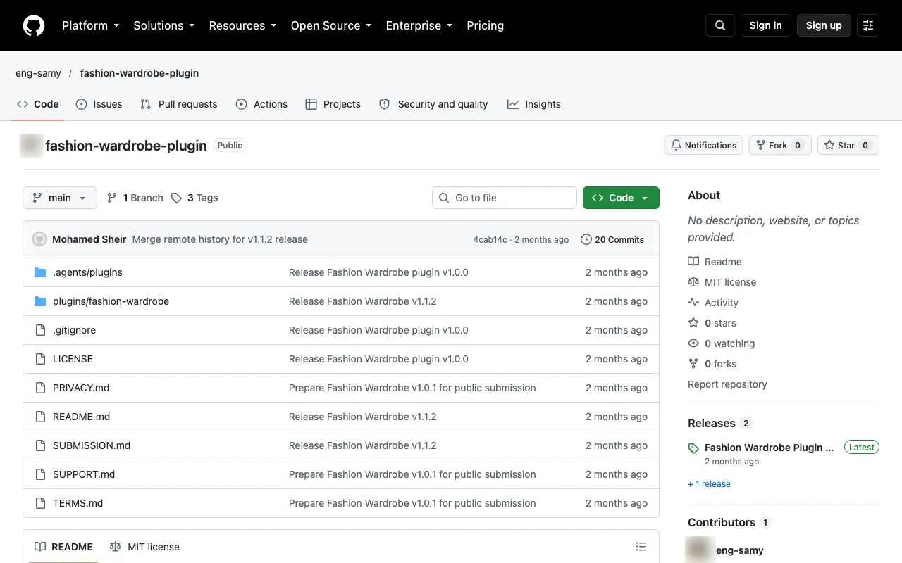 Fashion Wardrobe's GitHub page with its files and releases; the maker's avatar is blurred
