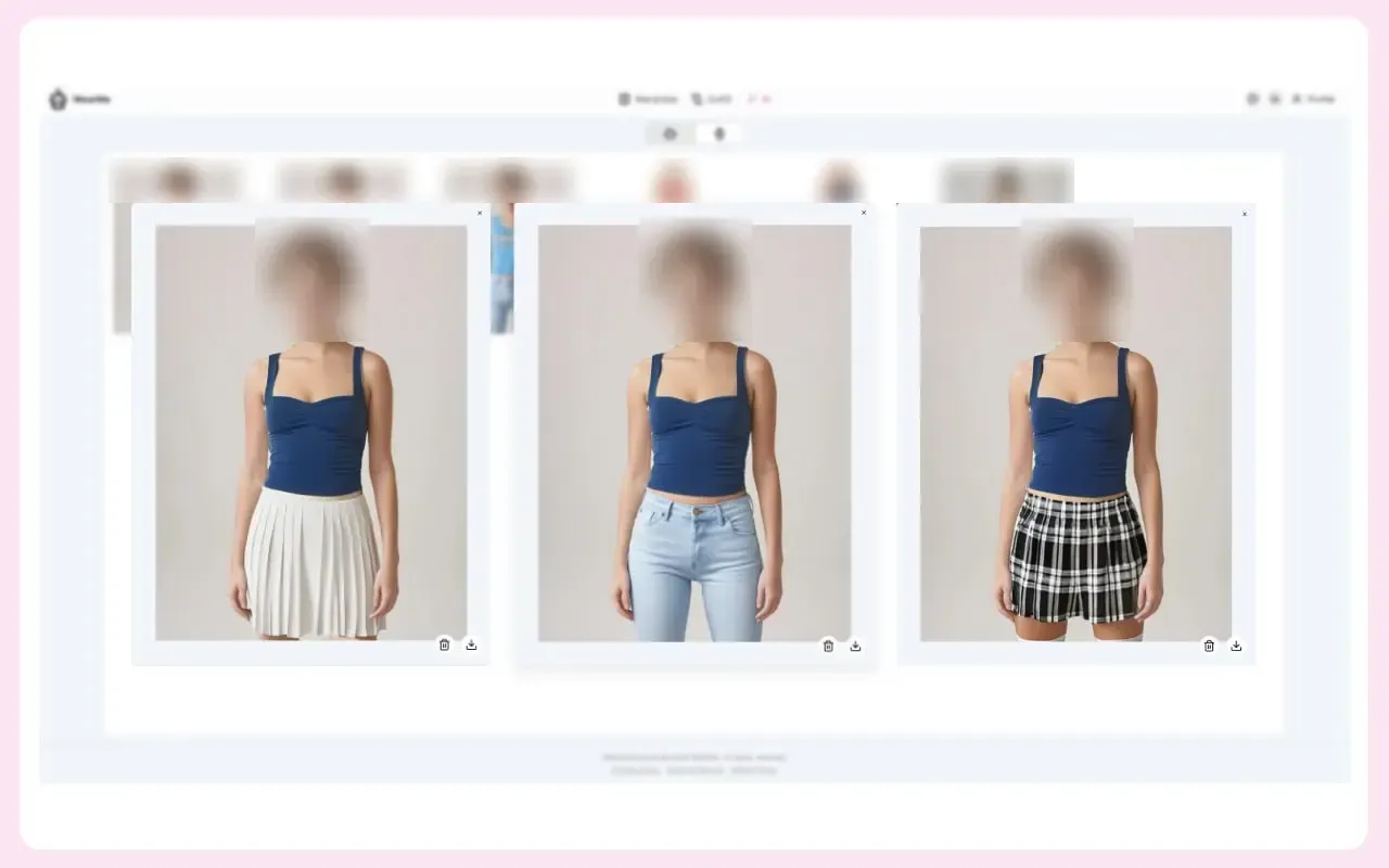 Prueba virtual de WearMe: un mismo top con una falda, unos vaqueros y unos shorts en una modelo, con las caras difuminadas