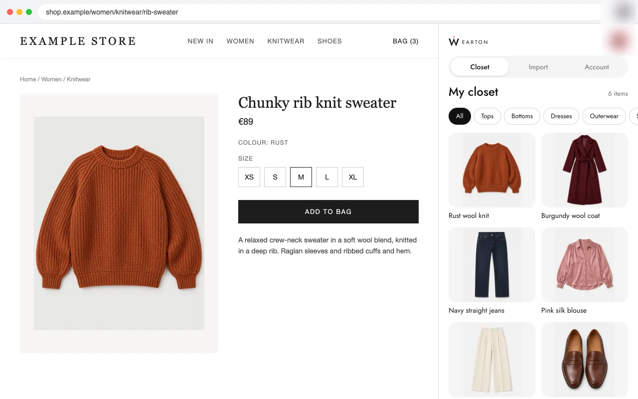 Wearton side panel with a closet of six clothing items, next to a shop's product page
