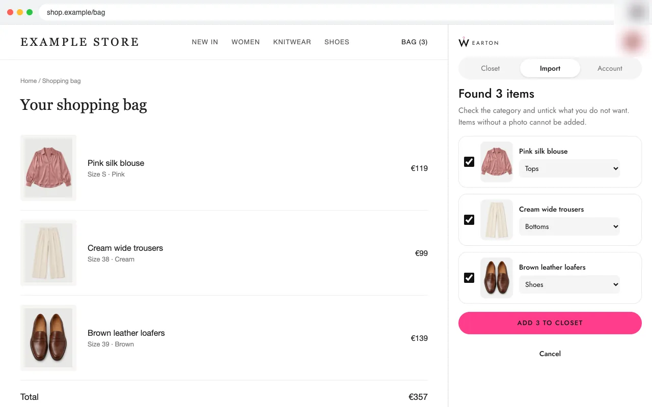 Wearton importing three items from a shopping bag, each with its category