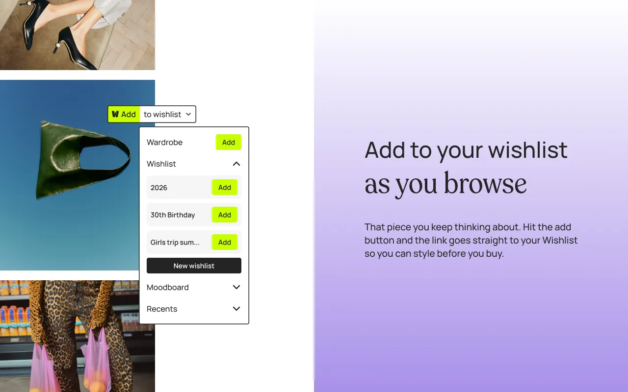 Whering menu that adds a piece to a wishlist while browsing