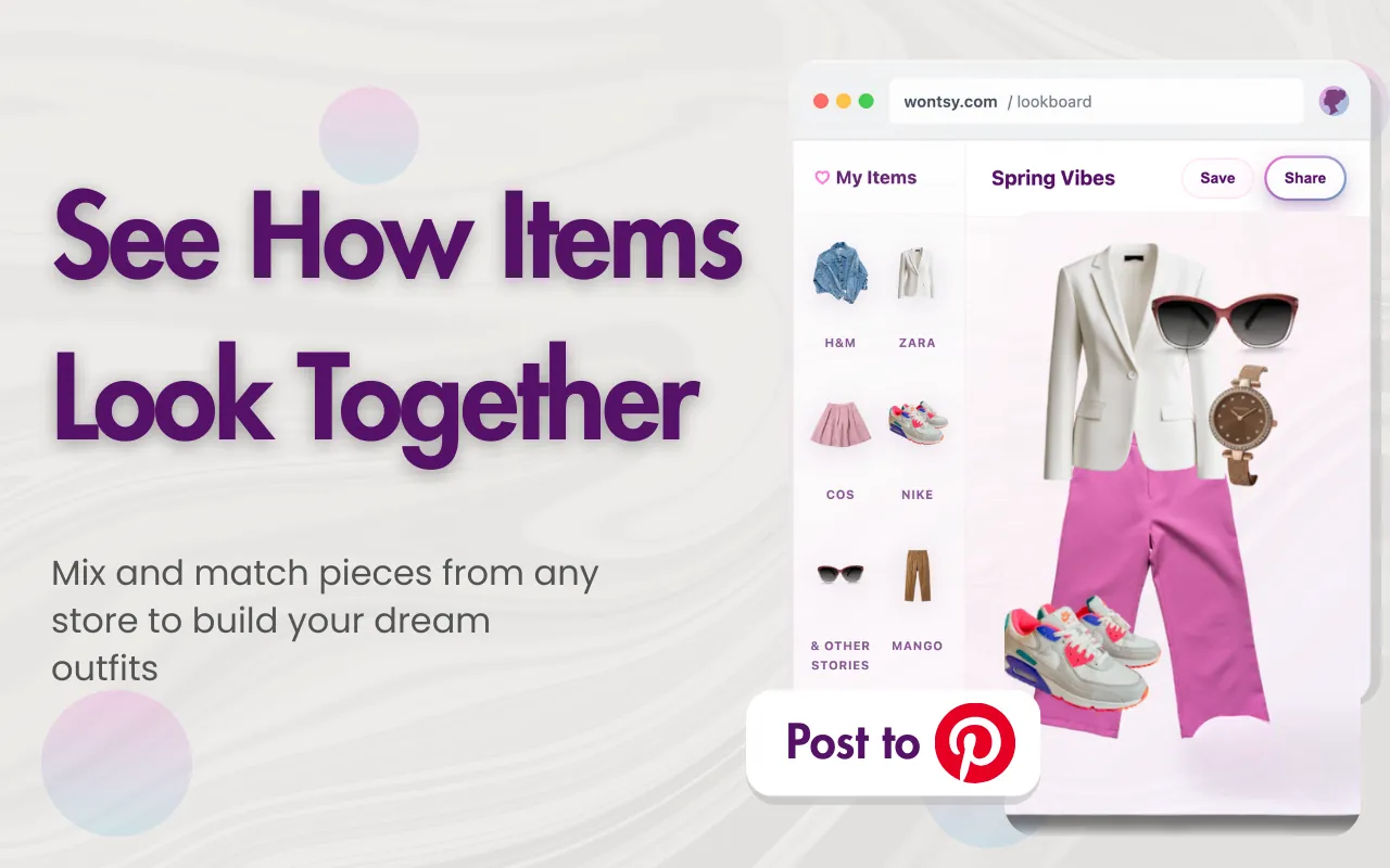 Wontsy lookboard building an outfit from saved items